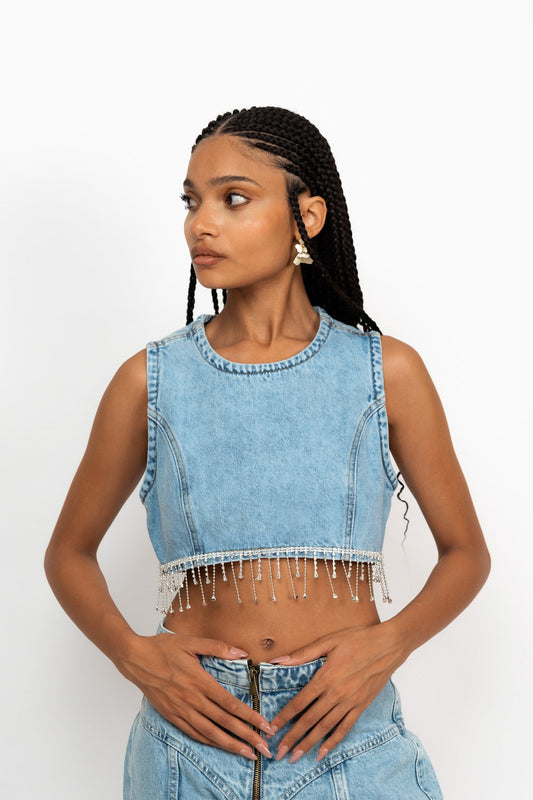 RHINESTONES FRINGE DENIM TOP - Zavi